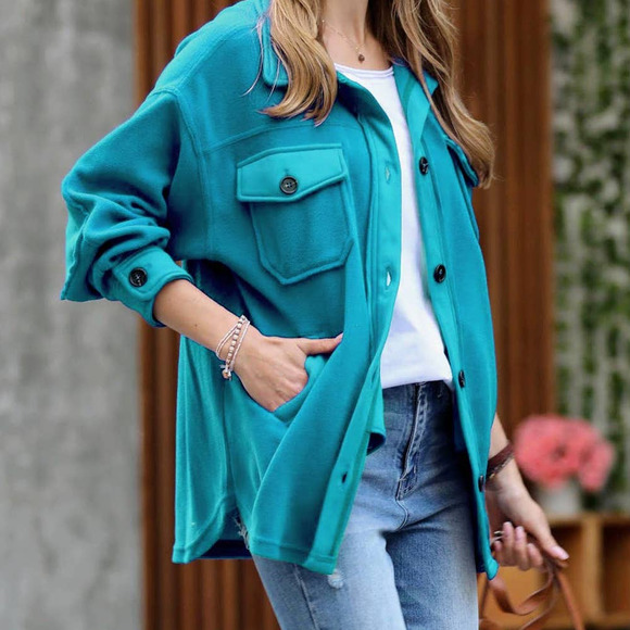 Teal Fleece Button Front Pockets Shacket Jacket - Picture 1 of 1